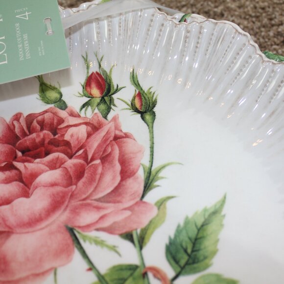 Soho Loft Pink Rose Scalloped Set of 4 11" Melamine Dinner Plates White NWT RARE - Picture 2 of 5